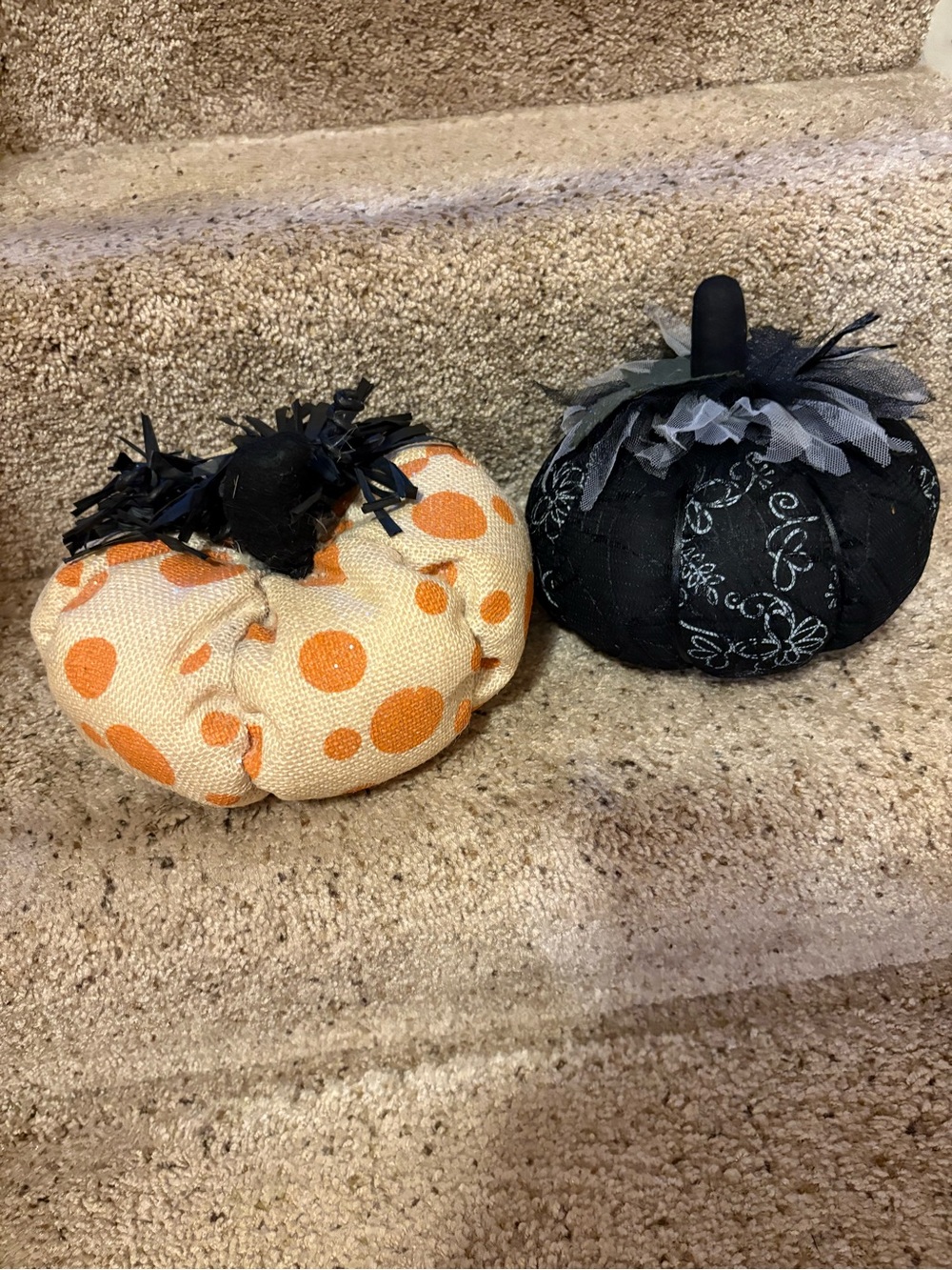 Two stuffed printed pretty pumpkins